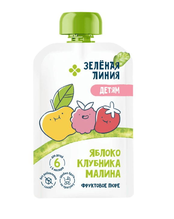 Пюре из яблок клубники и малины с 6 месяцев Зелёная Линия, 90г