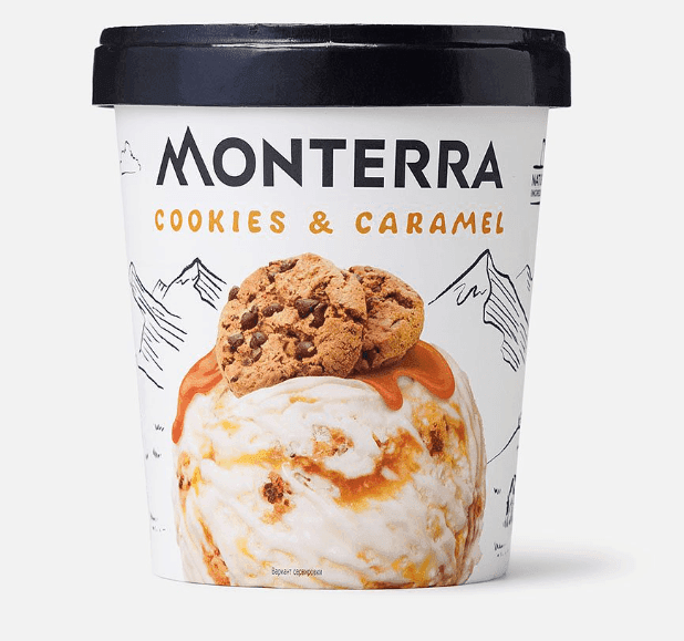 Мороженое Monterra, с карамельным сиропом и кусочками печенья, в ведёрке