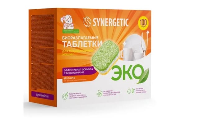 Таблетки для посудомоечных машин бесфосфатные Synergetic, без запаха, 100 шт