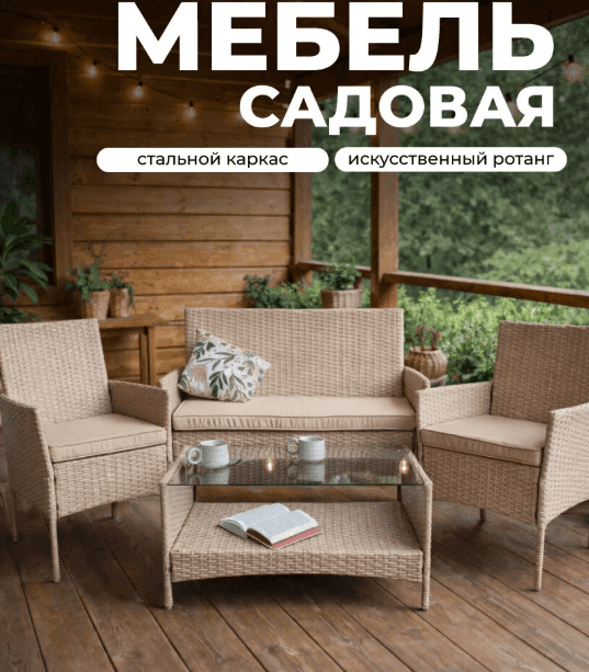 Садовая мебель из искусственного ротанга, комплект диван, 2 кресла и стол, бежевый Ротанг