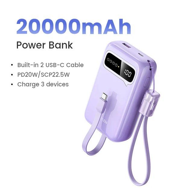 Портативный аккумулятор UGREEN 20000 мАч 20 Вт со встроенными кабелями Type-C