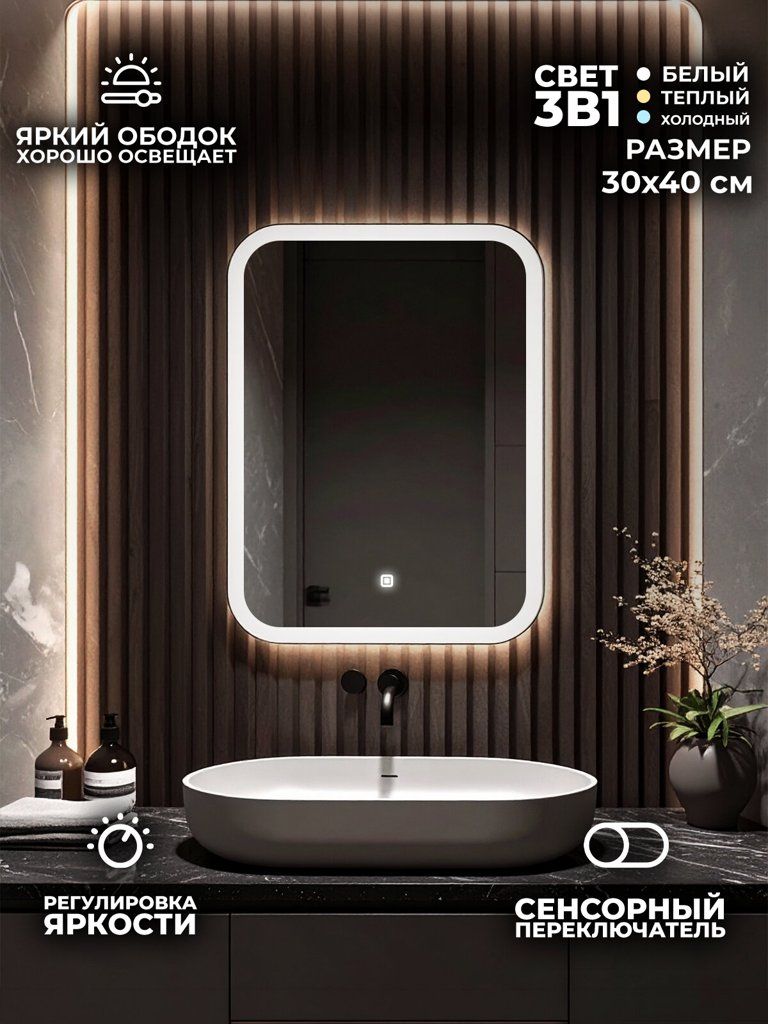 Зеркало для ванной United Goods, с LED-подсветкой и матовым ободком, 30x40 см
