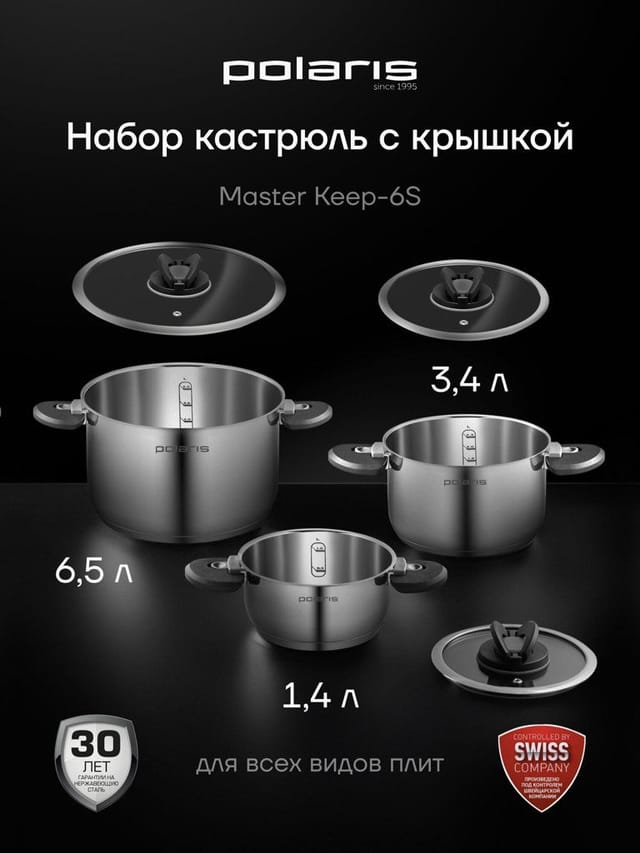 Набор кастрюль MasterKeep-6S Polaris 6  компактного хранения предметов для все типов плит, включая индукцию