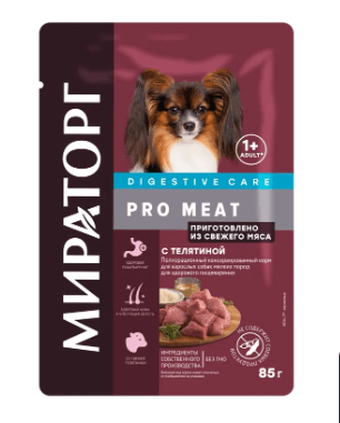 Влажный корм для собак мелких пород «Мираторг» Pro Meat с телятиной для здорового пищеварения, 85 г