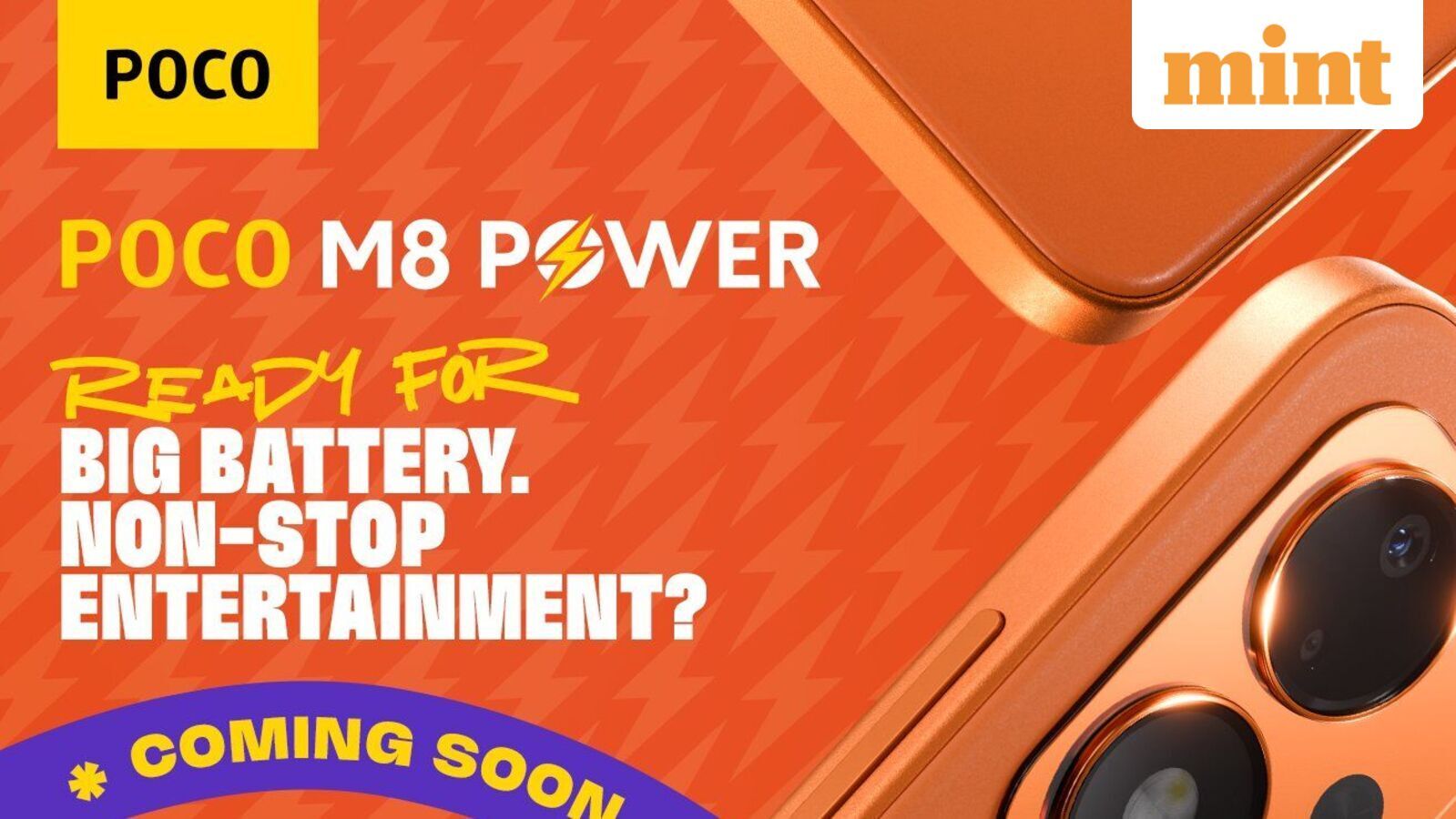 Оранжевый смартфон Poco M8 Power с блоком камер и фирменным логотипом
